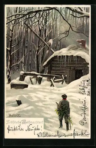 Künstler-AK Alfred Mailick: Mann mit geschlagener Tanne vor seinem Haus