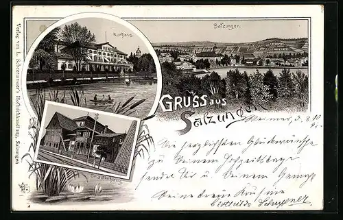 Vorläufer-Lithographie Salzungen, 1895, Kurhaus, Gradirhaus, Teilansicht vom Ort