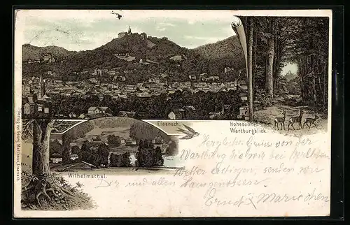 Vorläufer-Lithographie Eisenach, 1895, Stadt aus der Vogelschau, Hohesonne mit Wartburgblick, Wilhelmsthal