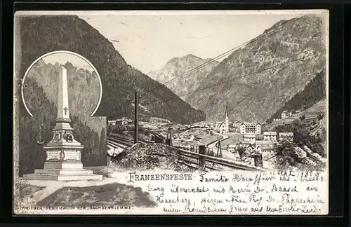 AK Franzensfeste, Krieger-Denkmal in der Sachsenklemme, Teilansicht mit Bahnschienen und Stromleitungen