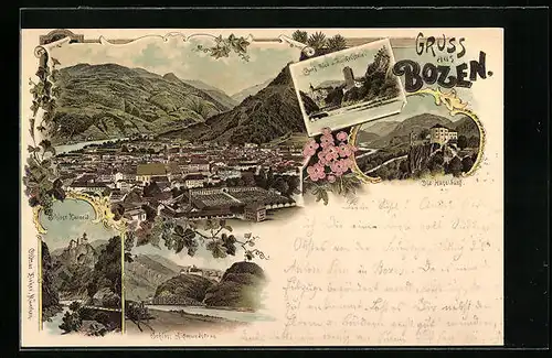 Lithographie Bozen, Ortsansicht, Burg Ried und Runkelstein, Schloss Karneid