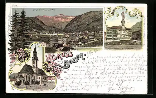 Lithographie Bozen, Gries mit dem Rosengarten, Denkmal Walther von der Vogelweide