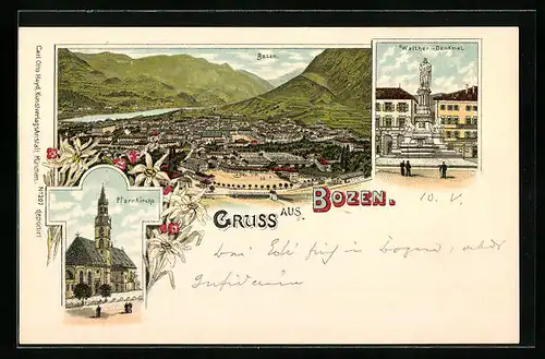 Lithographie Bozen, Totalansicht, Walther-Denkmal, Pfarrkirche, Edelweiss