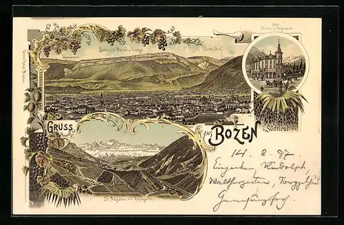 Lithographie Bozen, Ortsansicht mitMendel und Penegal, Hotel Walther von der Vogelweide, St. Magdalena