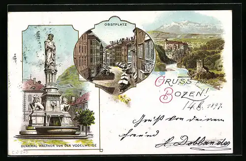 Lithographie Bozen, Obstplatz, Denkmal Walther von der Vogelweide