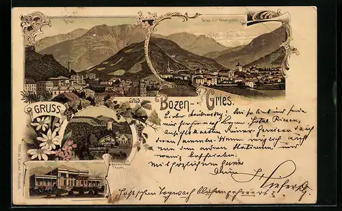 Lithographie Bozen-Gries, Ortsansichten aus der Vogelschau, Partie am gescheibten Turm