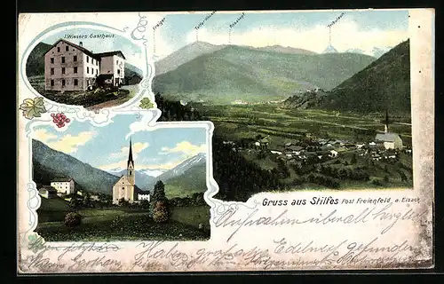 Künstler-AK Stilfes, Gasthaus J. Wieser, Kirche, Gesamtansicht
