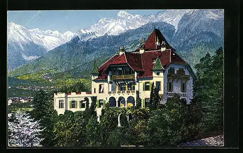 AK Merano, Hotel Pensione Berger / Bergschlössl mit Bergpanorama