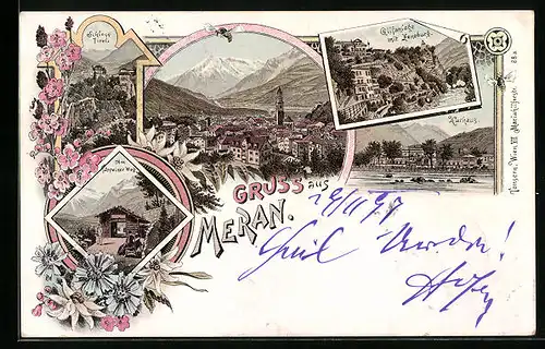 Lithographie Meran, Gilfanlage mit Zenoburg, Kurhaus, Schloss Tirol, Ortsansicht