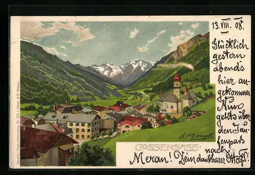 Lithographie Gossensass, Teilansicht mit Bergen