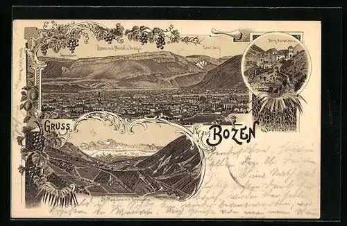 Lithographie Bozen, Ortsansicht mit Mendel und Penegal, St. Magdalena mit Rosengarten