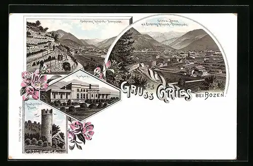 Lithographie Gries bei Bozen, Erzherzog Friedrich-Promenade, Gescheibter Turm, Ortsansicht
