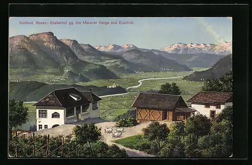 AK Bozen, Gasthaus Stallerhof gegen die Meraner Berge und Etschtal