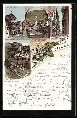 Lithographie Bozen, Batzenhäusel, Lauben-Gasse, Am Gescheibten Thurm