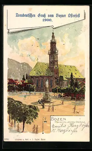 Lithographie Bozen, Pfarrkirche und Walther-Denkmal