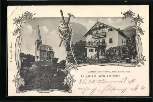 AK St. Georgen b. Bozen, Gasthaus zum Messner mit Kapelle