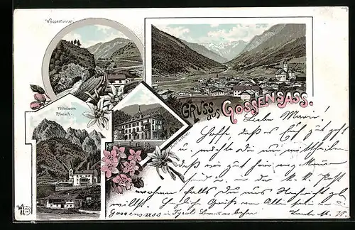 Lithographie Gossensass, Wassertunnel und Hotel