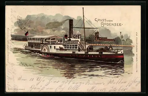 Künstler-AK sign. K. Fuchs: Bodensee mit Ausflugsdampfer Christoph