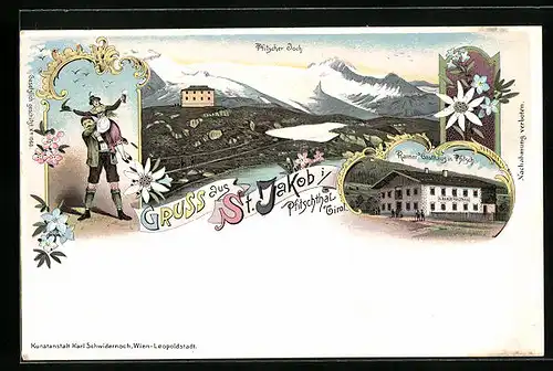 Lithographie St. Jakob i. Pfitschthal, Totalansicht mit Rainer`s Gasthaus