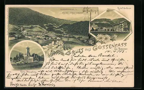 Lithographie Gossensass, Ruine Strassberg, Hotel Gröbner