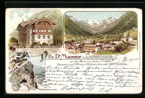 Lithographie Gossensass, Totalansicht Villa Dr. Maenner