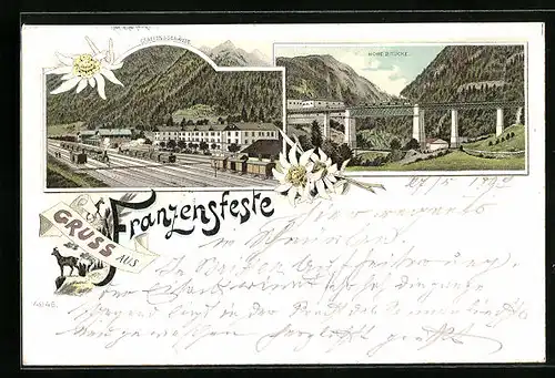 Lithographie Franzensfeste, Bahnhof, Hohe Brücke