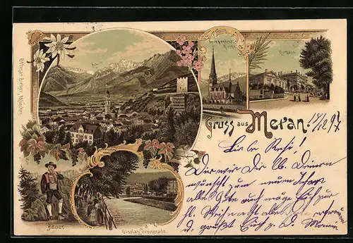 Lithographie Meran, Kurhaus, Neue protestantische Kirche, Bauer