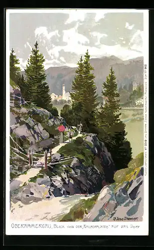 Künstler-AK Zeno Diemer: Oberammergau, Blick von der Kälberplatte auf das Dorf