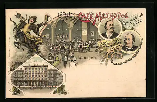 Lithographie München, Cafe Metropol, Innenansicht, Münchner Kindl