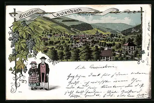 Lithographie Lautenbach /Renchthal, Totalansicht aus der Ferne, Weintrauben