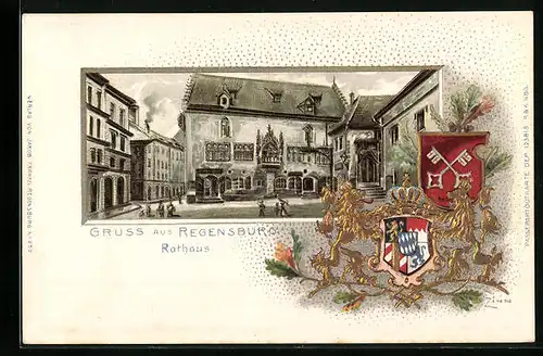 Passepartout-Lithographie Regensburg, Ortspartie am Rathaus mit Wappen