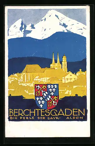 Künstler-AK Ludwig Hohlwein: Berchtesgaden, Totalansicht mit Gebirgspanorama und Wappen