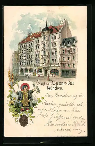 Lithographie München, Strassenpartie am Augustinerbräu, Münchner Kindl