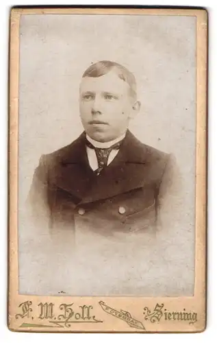 Fotografie F. M. Holl, Sierning, Neue Gasse 241, Portrait frecher Bube mit Seitenscheitel im Jackett