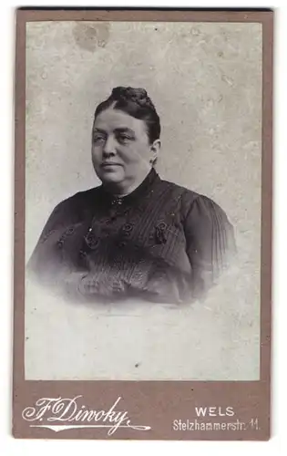 Fotografie Franz Diwoky, Wels, Stelzhammerstr. 11, Portrait dunkelhaarige Frau in bestickter Bluse