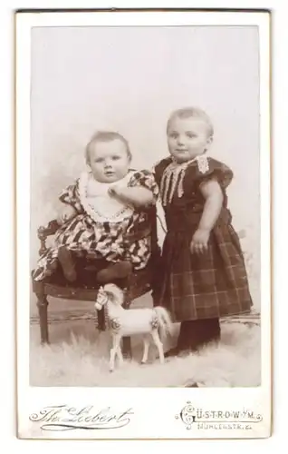 Fotografie Th. Liebert, Güstrow i. M., Mühlenstr. 8, Portrait zwei süsse kleine Mädchen mit Spielzeugpferd