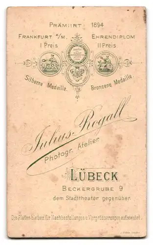 Fotografie Julius Rogall, Lübeck, Beckergrube 9, Portrait brünettes Fräulein in elegant besticktem Kleid