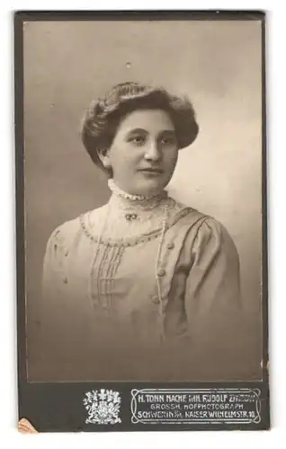 Fotografie H. Tonn, Schwerin i. M., Kaiser-Wilhelm-Str. 10, Portrait brünette Schönheit mit Brosche am Blusenkragen