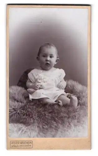 Fotografie Atelier Wertheim, Berlin, Oranienstr., Portrait niedliches Baby sitzt auf einem Fell