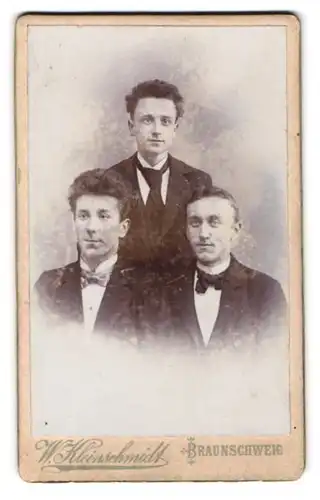 Fotografie W. Kleinschmidt, Braunschweig, Bohlweg 8, Portrait drei junge Männer in eleganten Anzügen