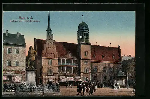 AK Halle a. Saale, Rathaus und Händel-Denkmal