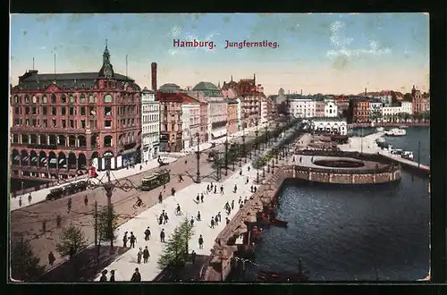 AK Hamburg-Neustadt, Strassenbahn und Passanten am Jungfernstieg