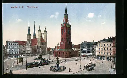 AK Halle a. S., Marktplatz mit Rotem Turm, Händel Denkmal und Marktkirche