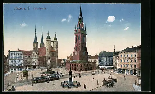 AK Halle a. S., Marktplatz vom ALten Rathaus gesehen, Händeldenkmal