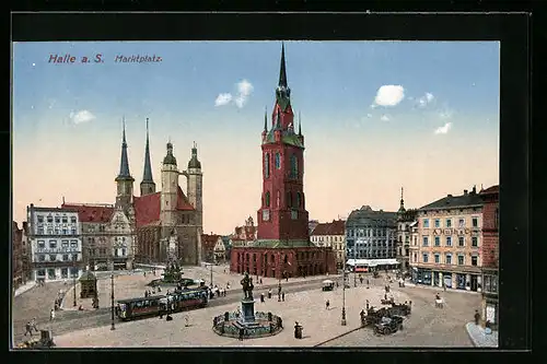 AK Halle a. S., Marktplatz, Strassenbahn und Roter Turm