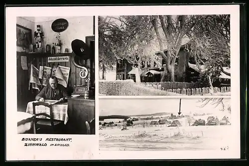 AK Zinnwald im Erzgeb., Ortspanorama im Schnee, Börners Restaurant, in der Gaststube