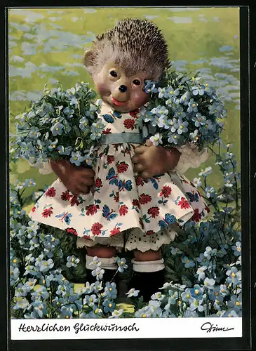 AK Mecki inmitten von blauen Blumen