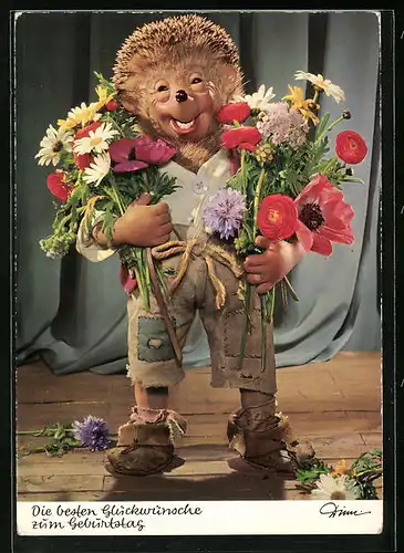 AK Mecki mit zwei Blumensträussen in der Hand zum Geburtstagsgruss
