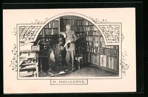 AK H. Houssaye, der Dichter in seiner Bibliothek