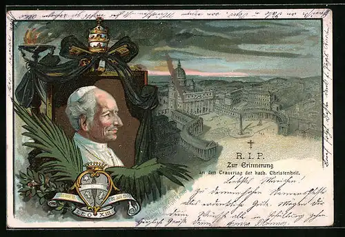 Lithographie Papst Leo XIII., Petersdom und Platz, Erinnerung zum Trauertag des Todes